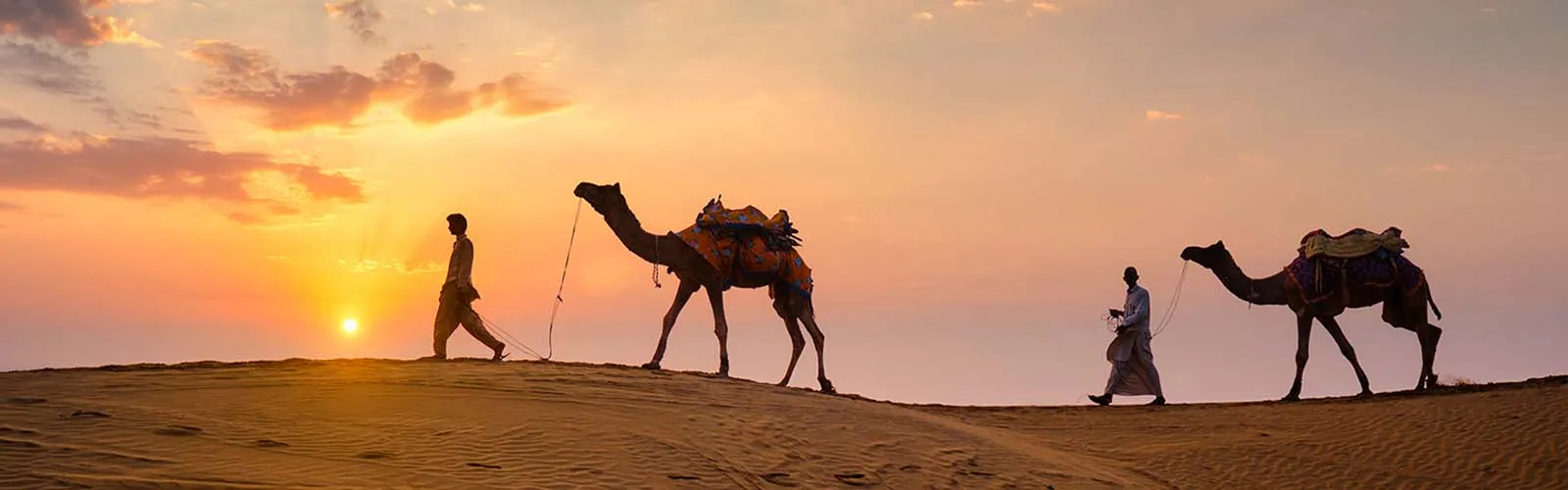 Camel herders at sunset in the Thar Desert, Rajasthan